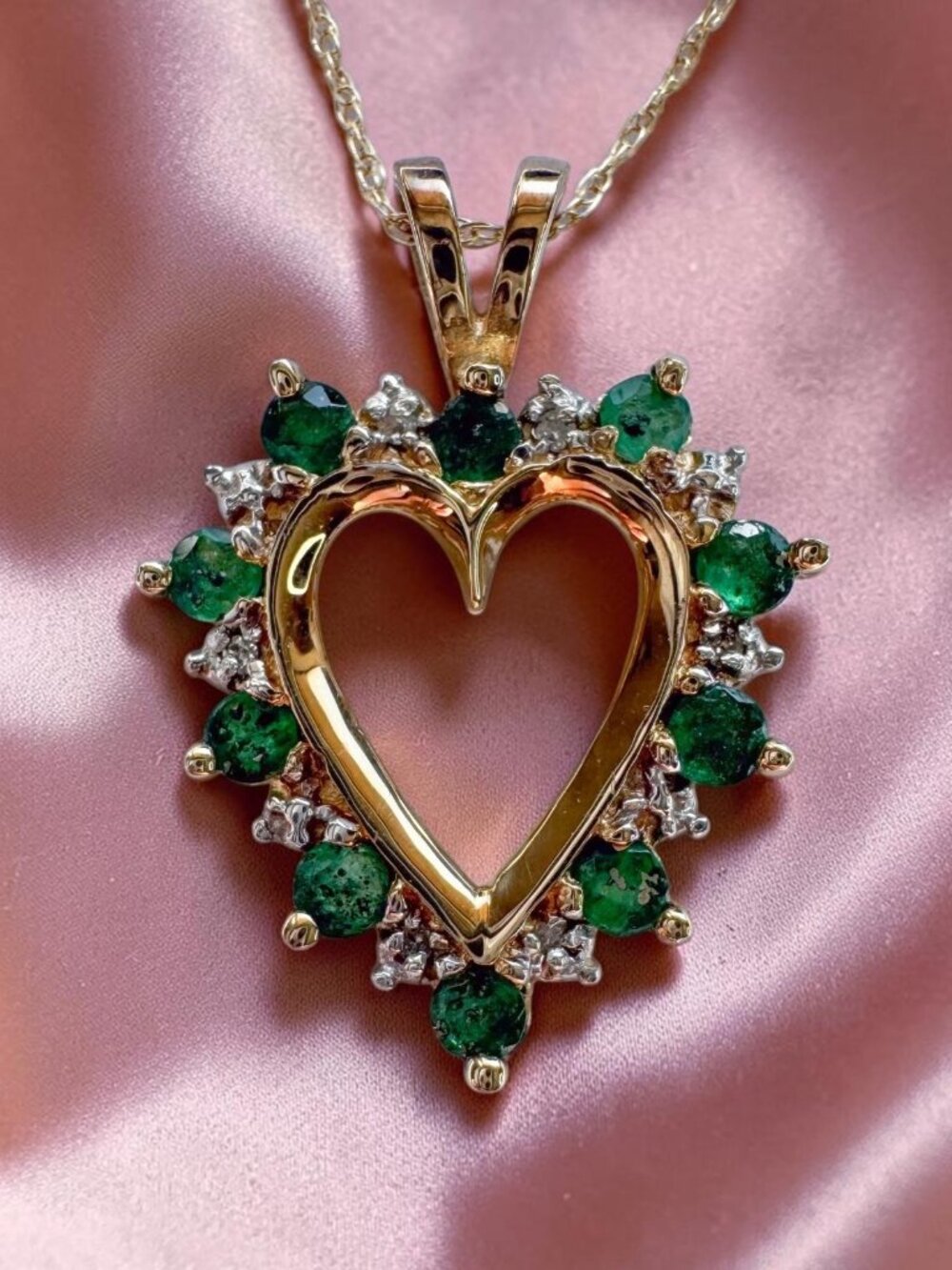 10K Gold Natural Emerald & Diamond Heart Necklace -18" Emerald Necklace -2.8g